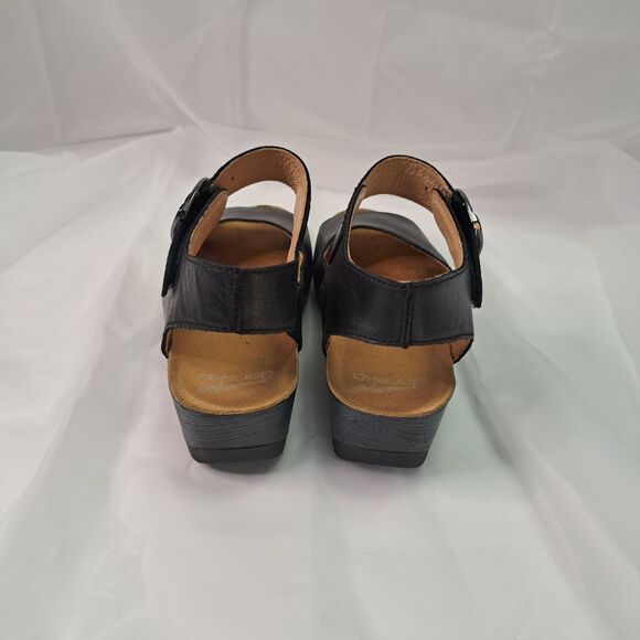 Dansko Tiana Peep-Toe Wedge Sz 37 Black Burnished Calf Leather Boho Chic Modern - Picture 8 of 9